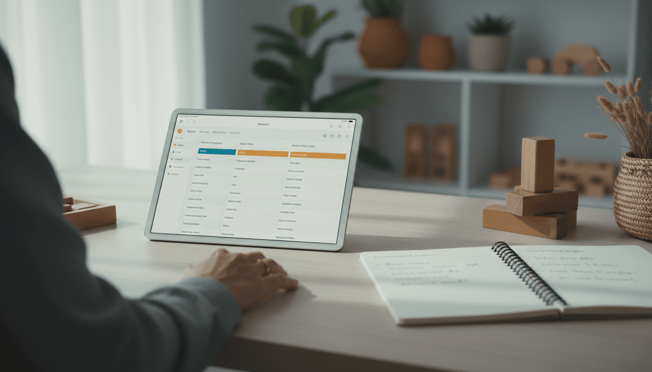 Montessori guide using NeoSori dashboard on tablet with observation notes