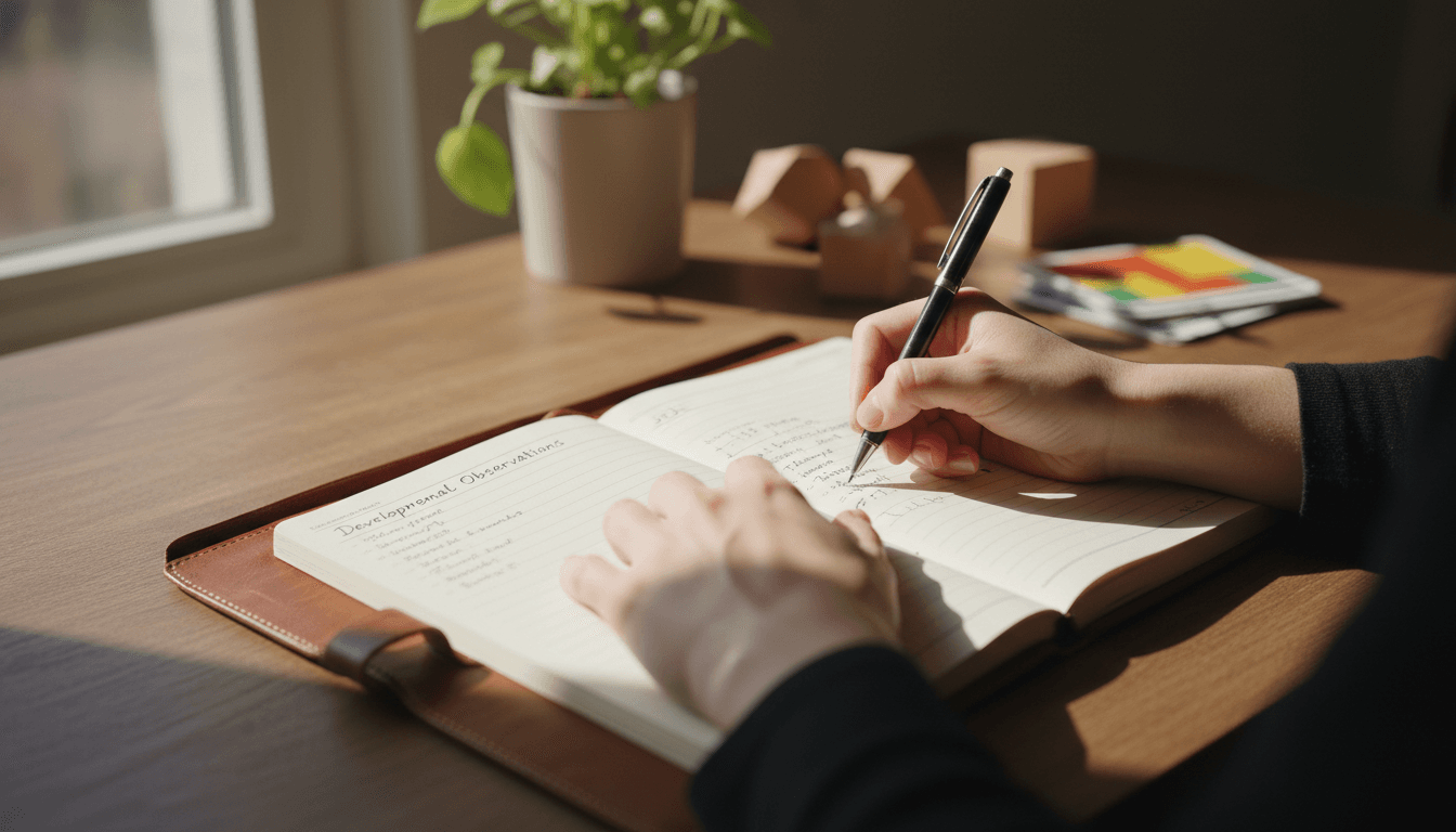 Educator documenting Montessori observations in a journal with natural lighting