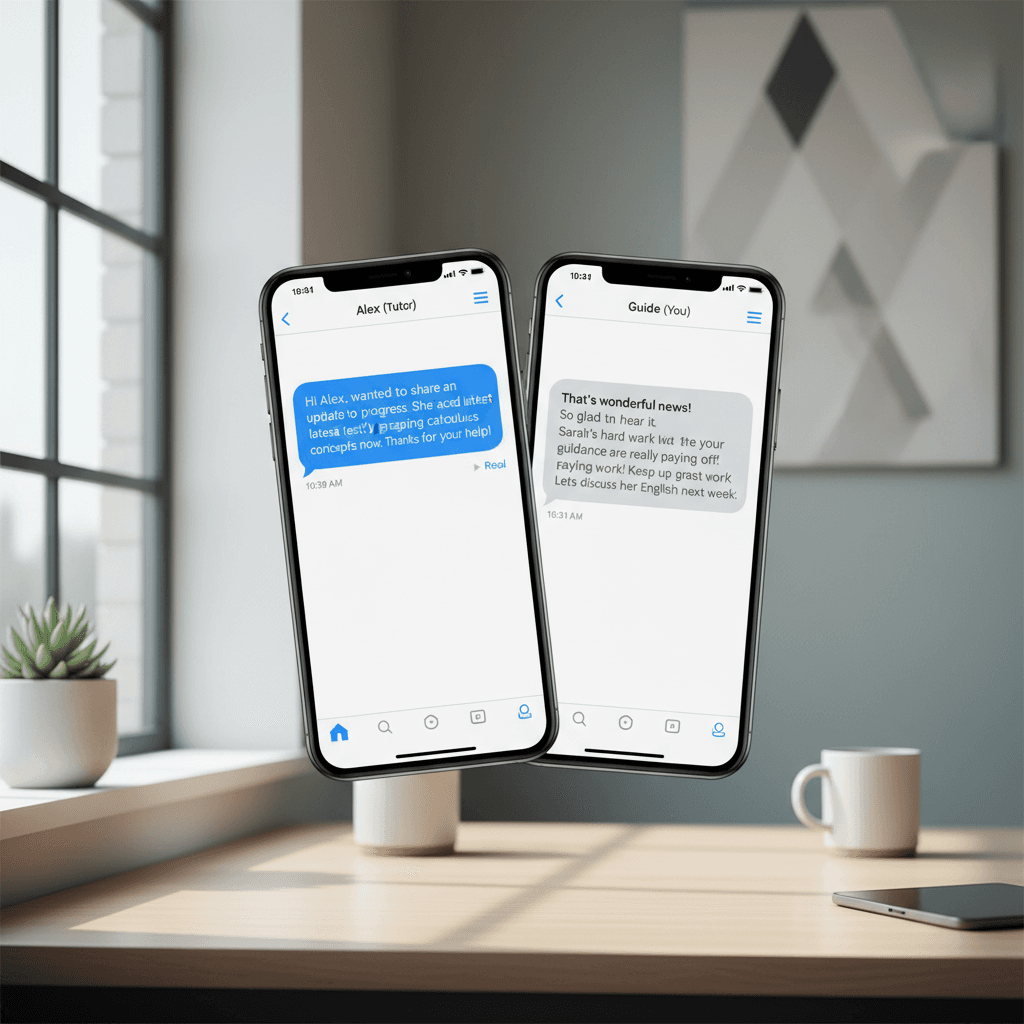 Messaging interface on two phones showing secure guide-tutor communication