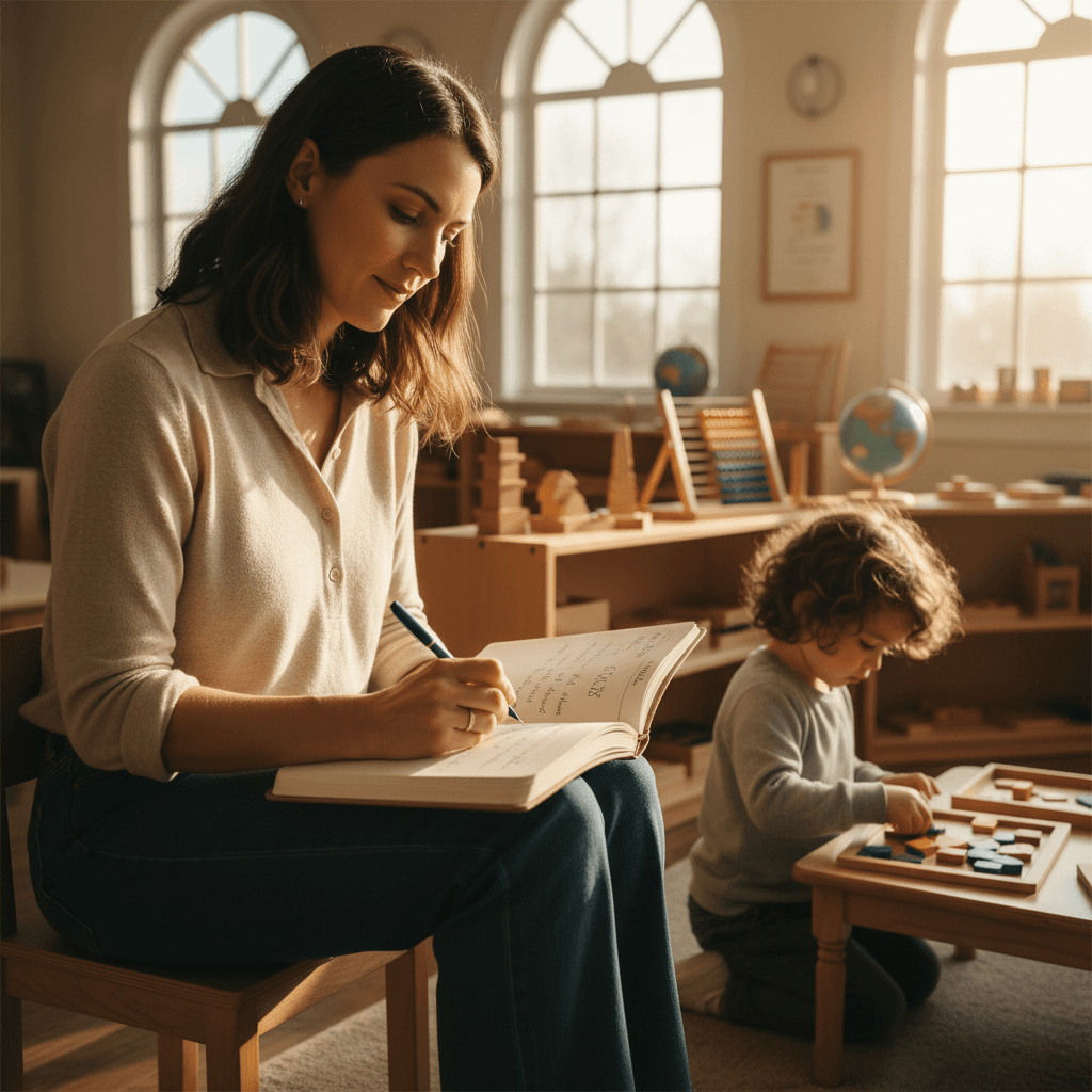 Montessori guide documenting structured observations during classroom time