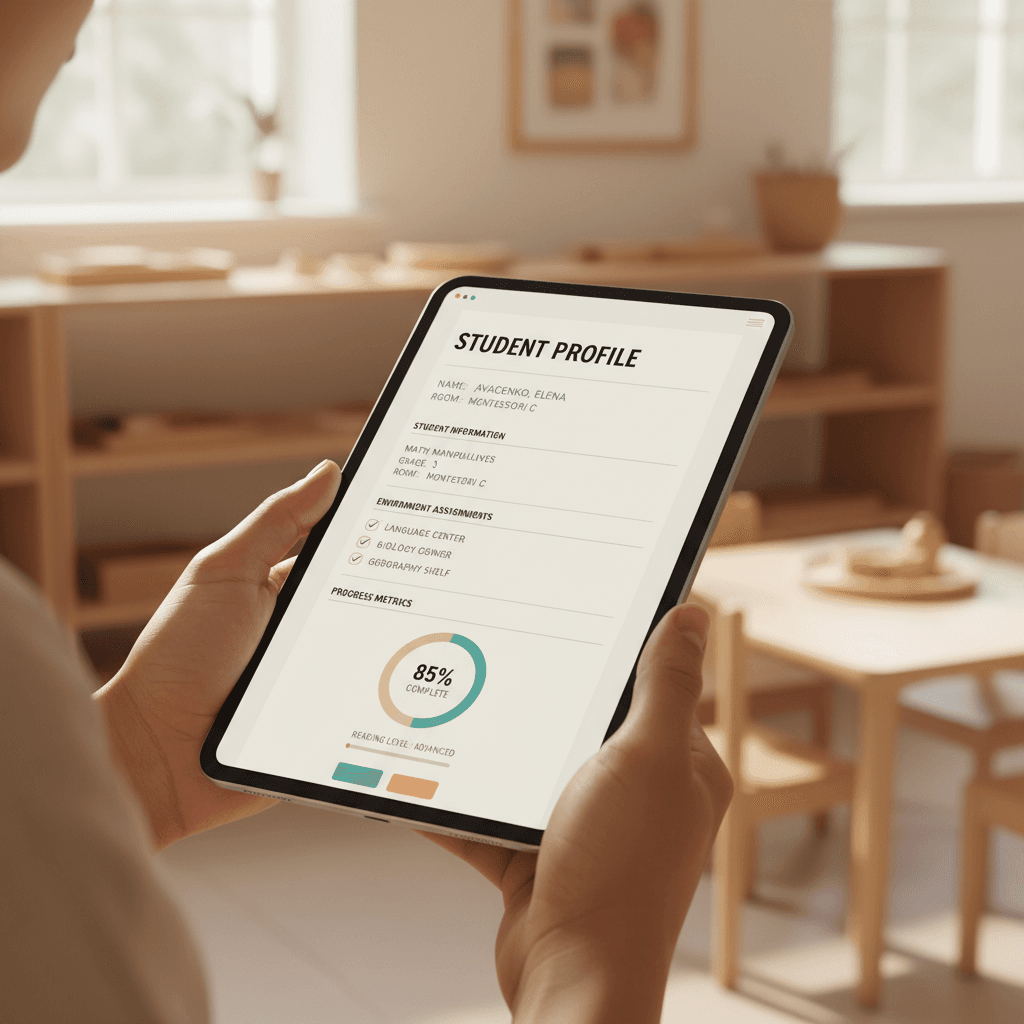 Student profile displayed on tablet showing complete records and progress data