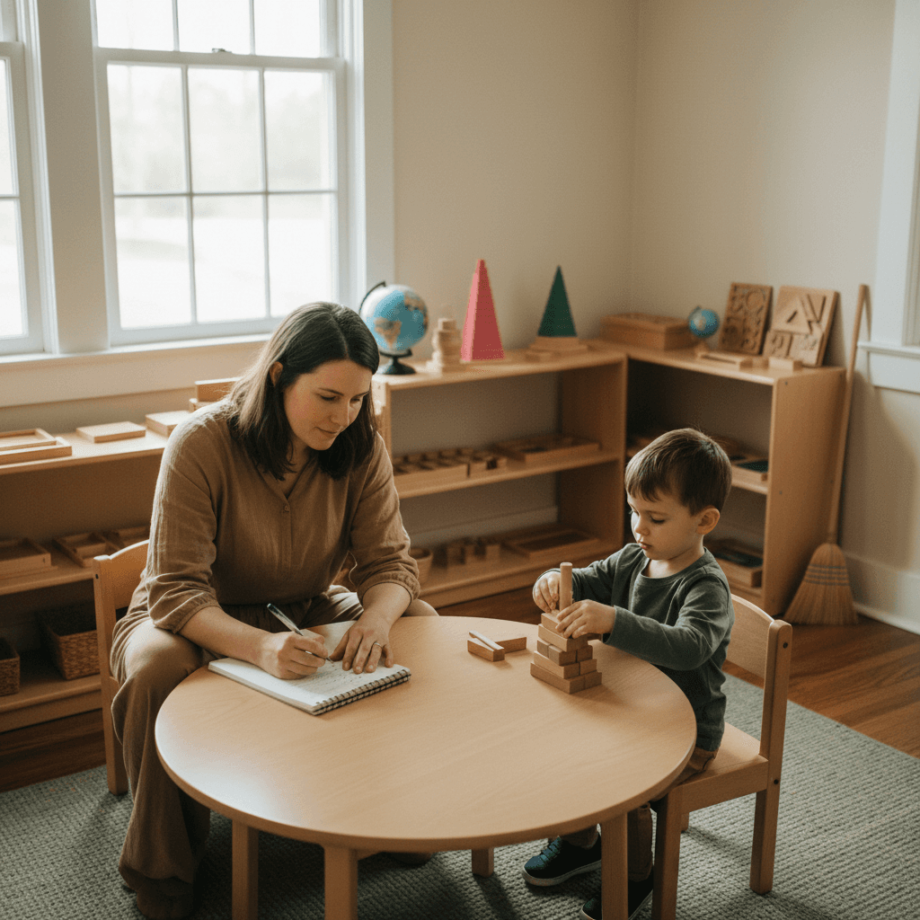 Montessori guide observing student in classroom